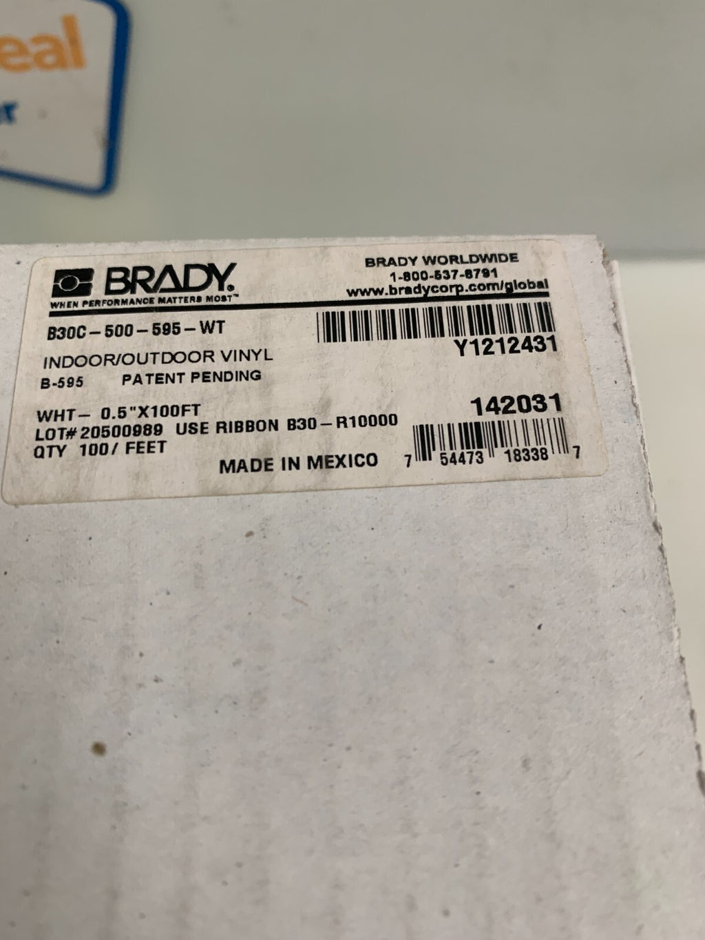 BRADY 0.5" X 100FT B30C-500-595-WT WHITE RIBBONN CARTRIDGE