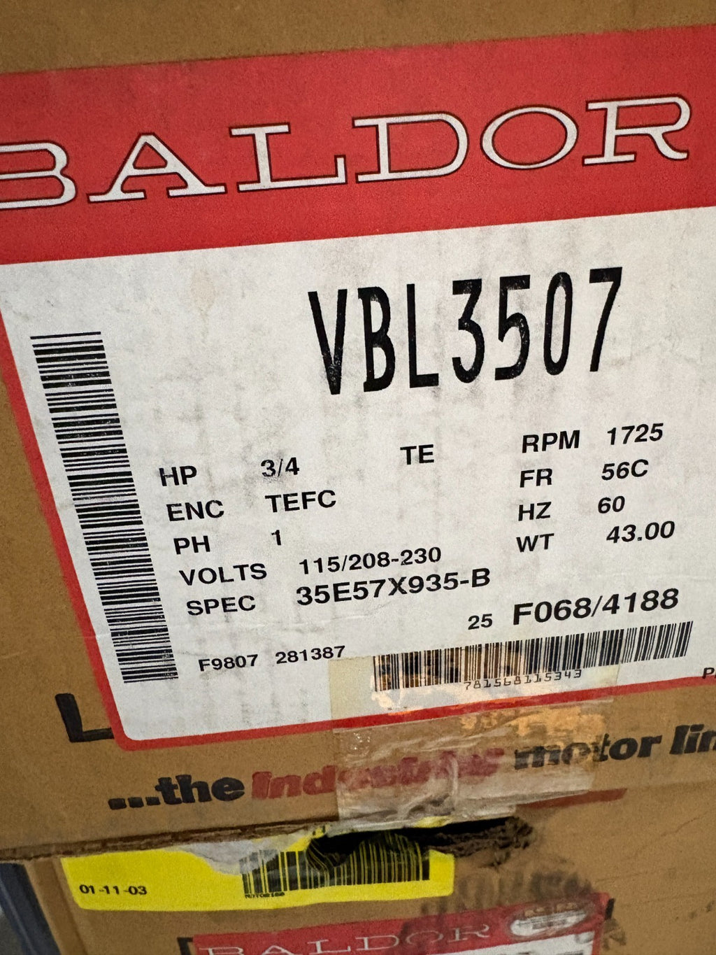 BALDOR-RELIANCE 3/4 HP BRAKE MOTOR VBL3507 SPEC 35E57X935-B4
