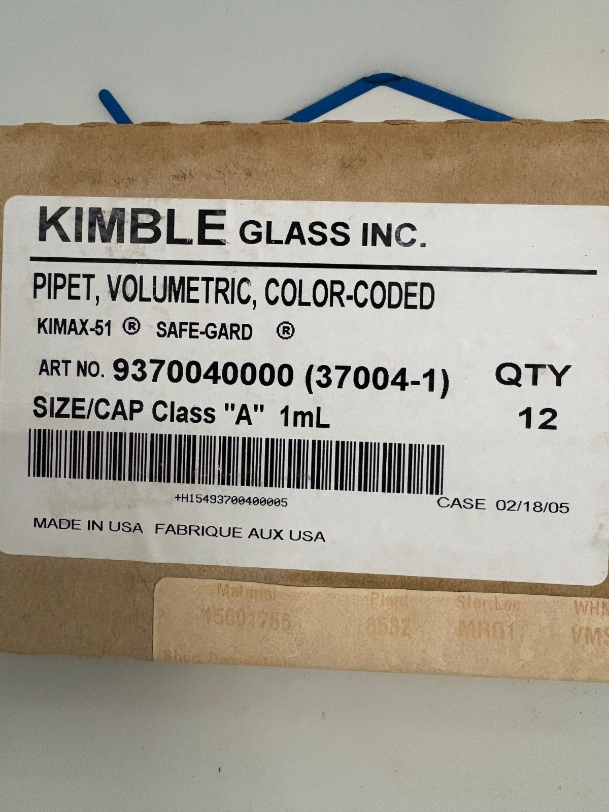 KIMBLE GLASS 1ML VOLUMETRIC COLOR CODED PIPET 9370040000 (37004-1) BOX OF 12