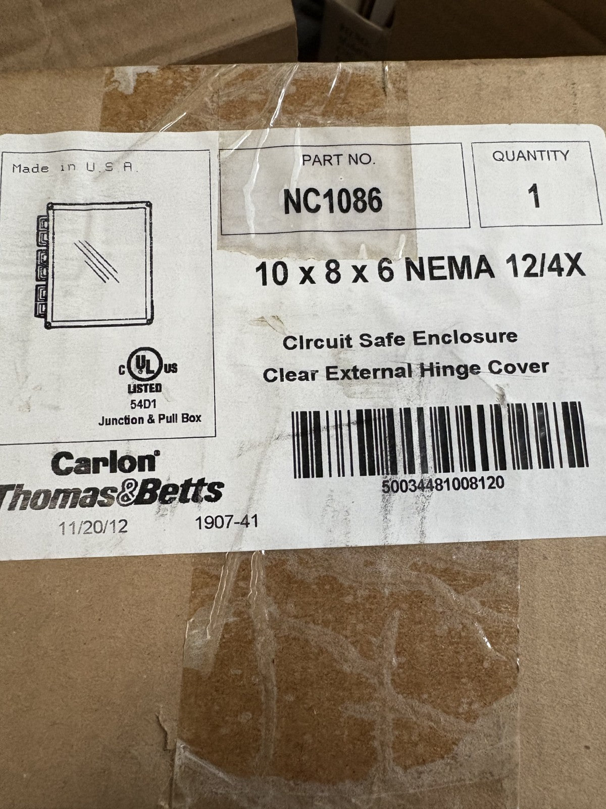 THOMAS & BETTS CARLON CLEAR COVER CIRCUIT SAFE ENCLOSURE #NC10864