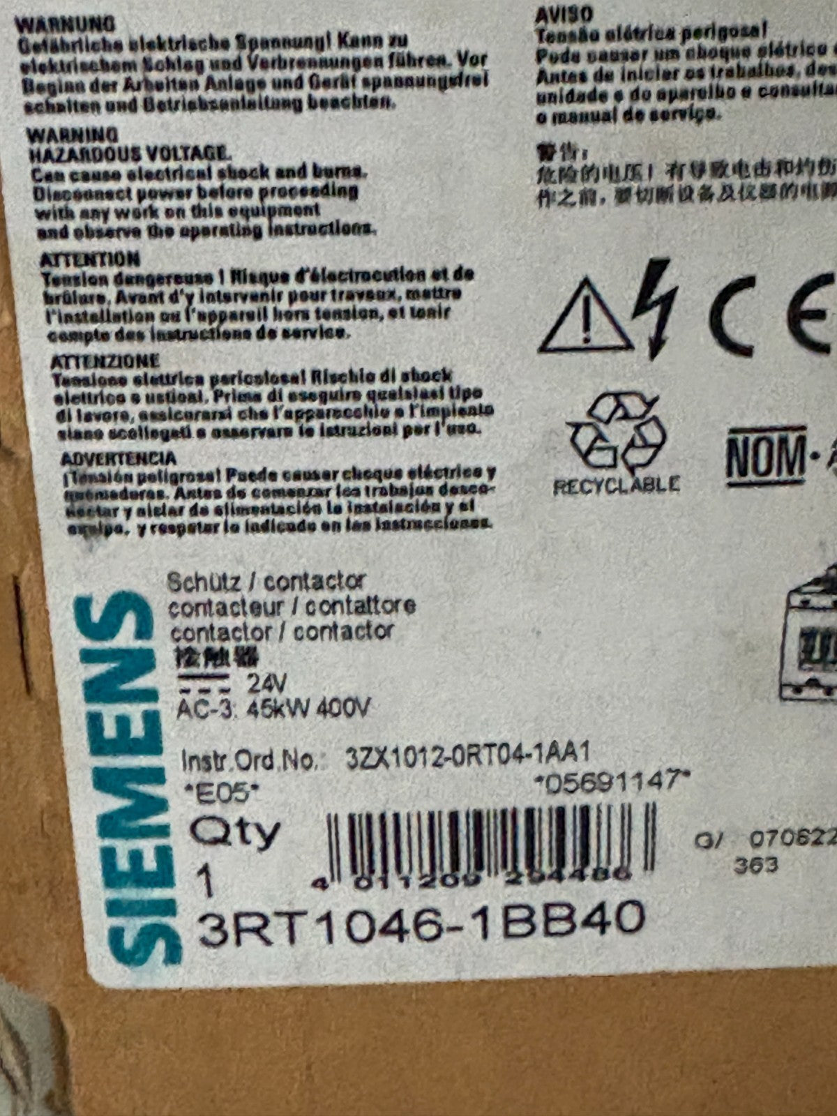 SIEMENS CONTACTOR 3RT1046-1BB40 6