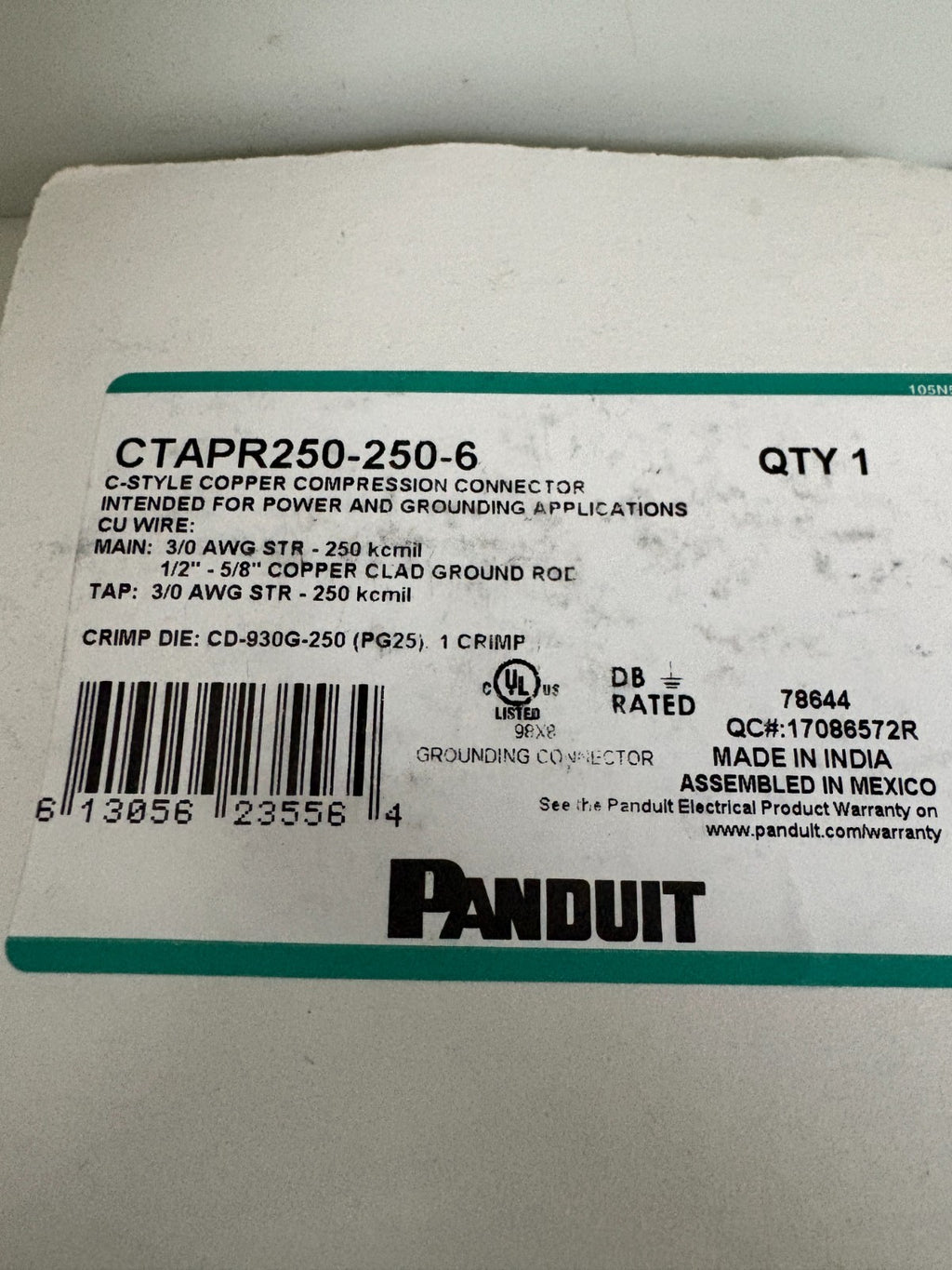 LOT OF 6 PANDUIT C STYLE COPPER COMPRESSION CONNECTOR CTAPR250-250-62