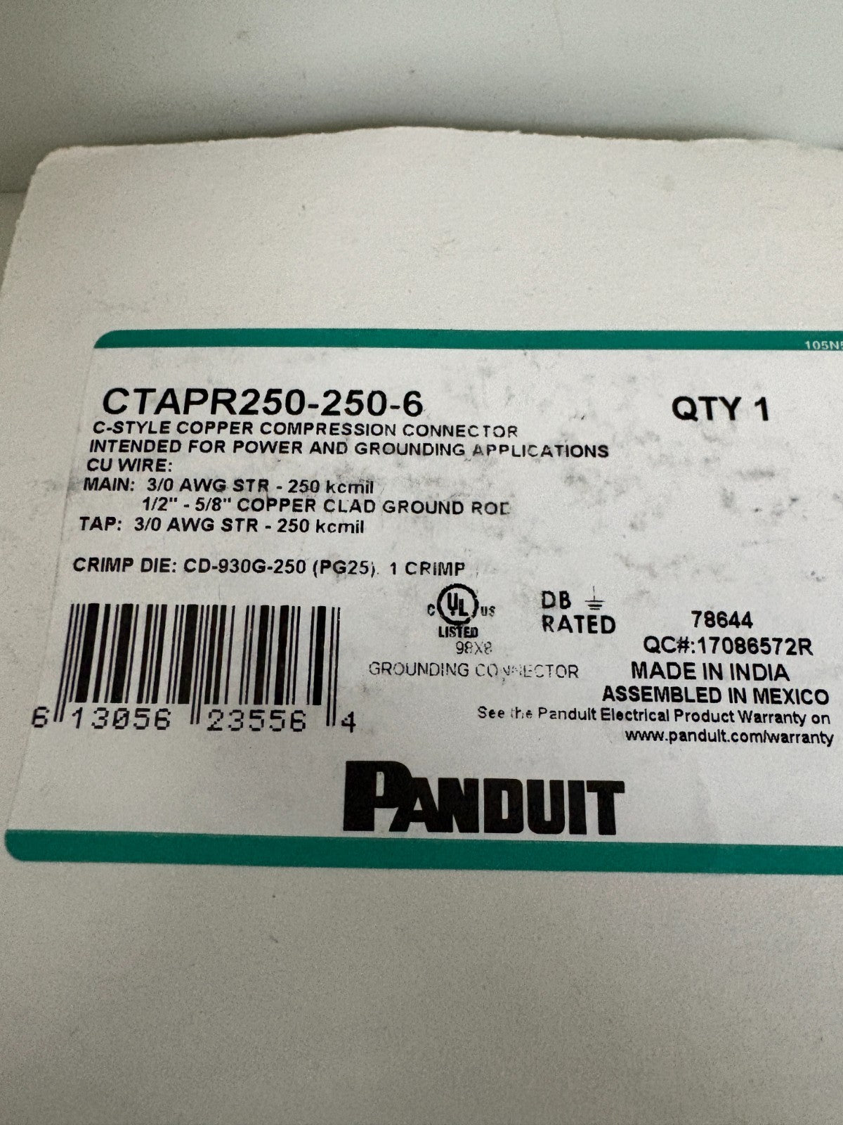 LOT OF 6 PANDUIT C STYLE COPPER COMPRESSION CONNECTOR CTAPR250-250-62