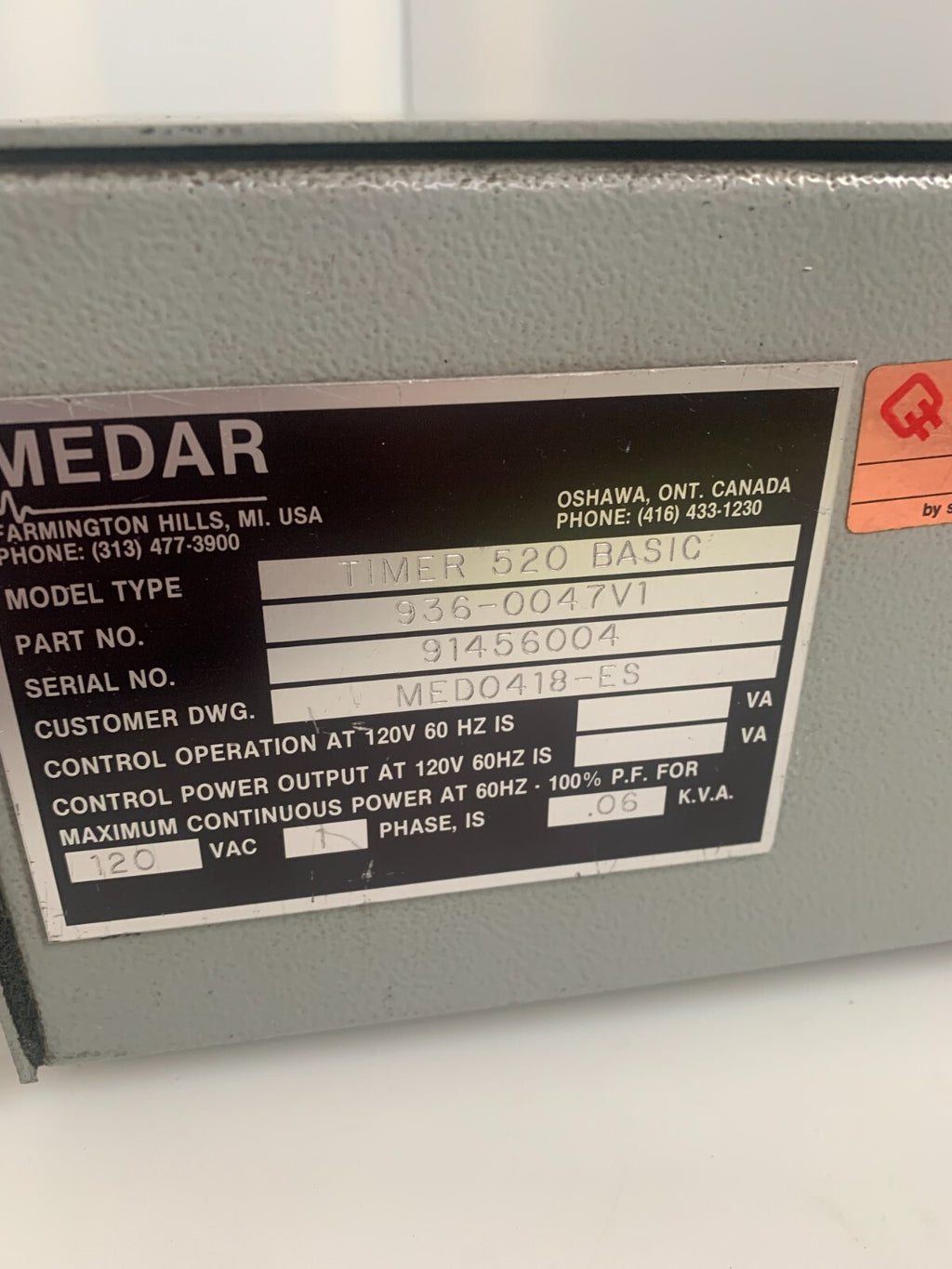 MEDAR WELD CONTROLLER TIMER 520 BASIC