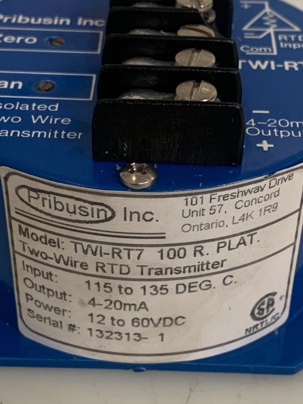 PRIBUSIN INC 2 WIRE RTD TRANSMITTER TWI-RT7