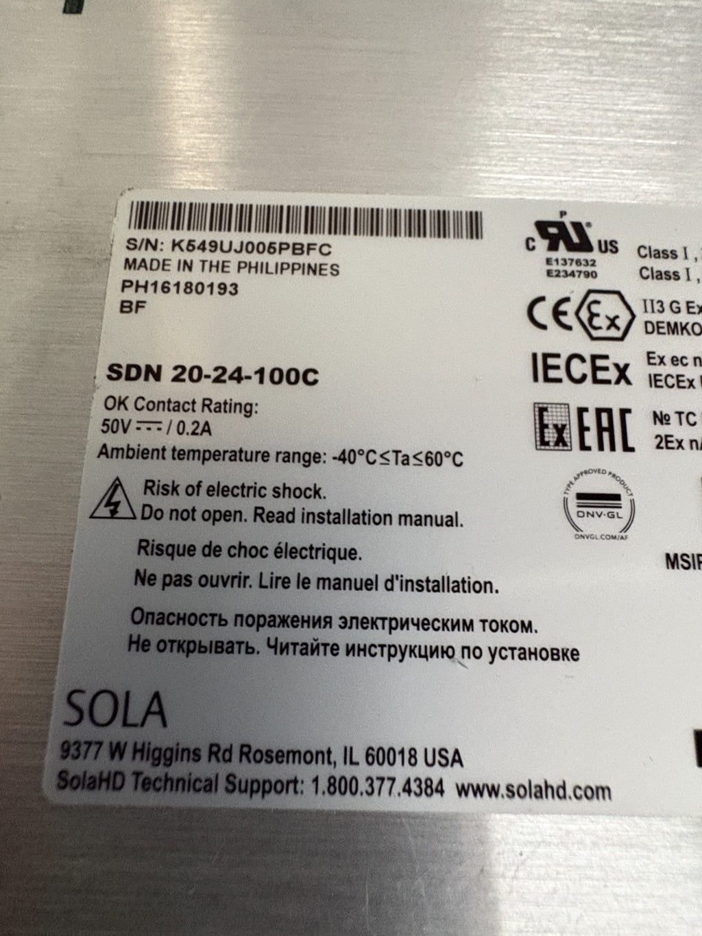 EMERSON SOLA POWER SUPPLY SDN 20-24-100C