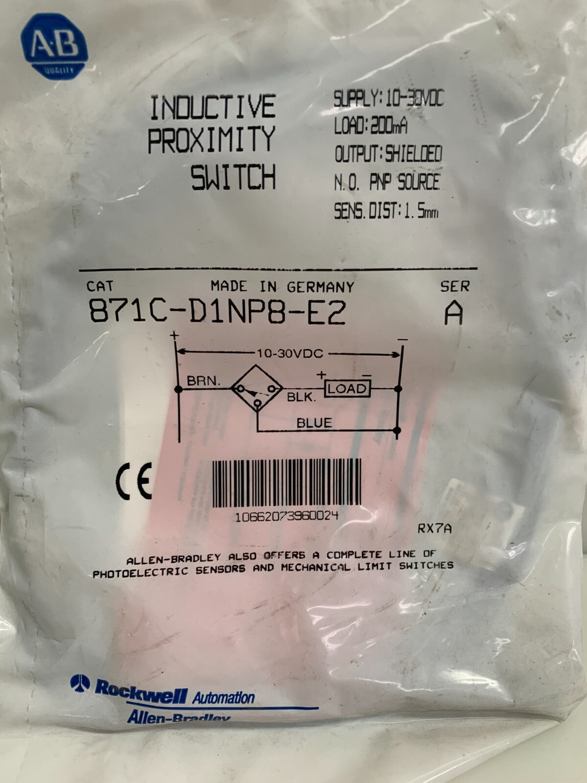 ALLEN BRADLEY INDUCTIVE PROXIMITY SWITCH 871C-D1NP8-E2 SER A