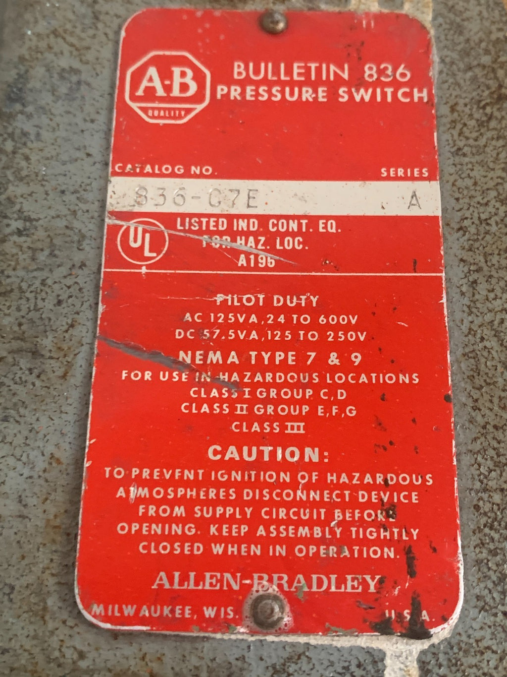 ALLEN BRADLEY PRESSURE SWITCH 836-C7E
