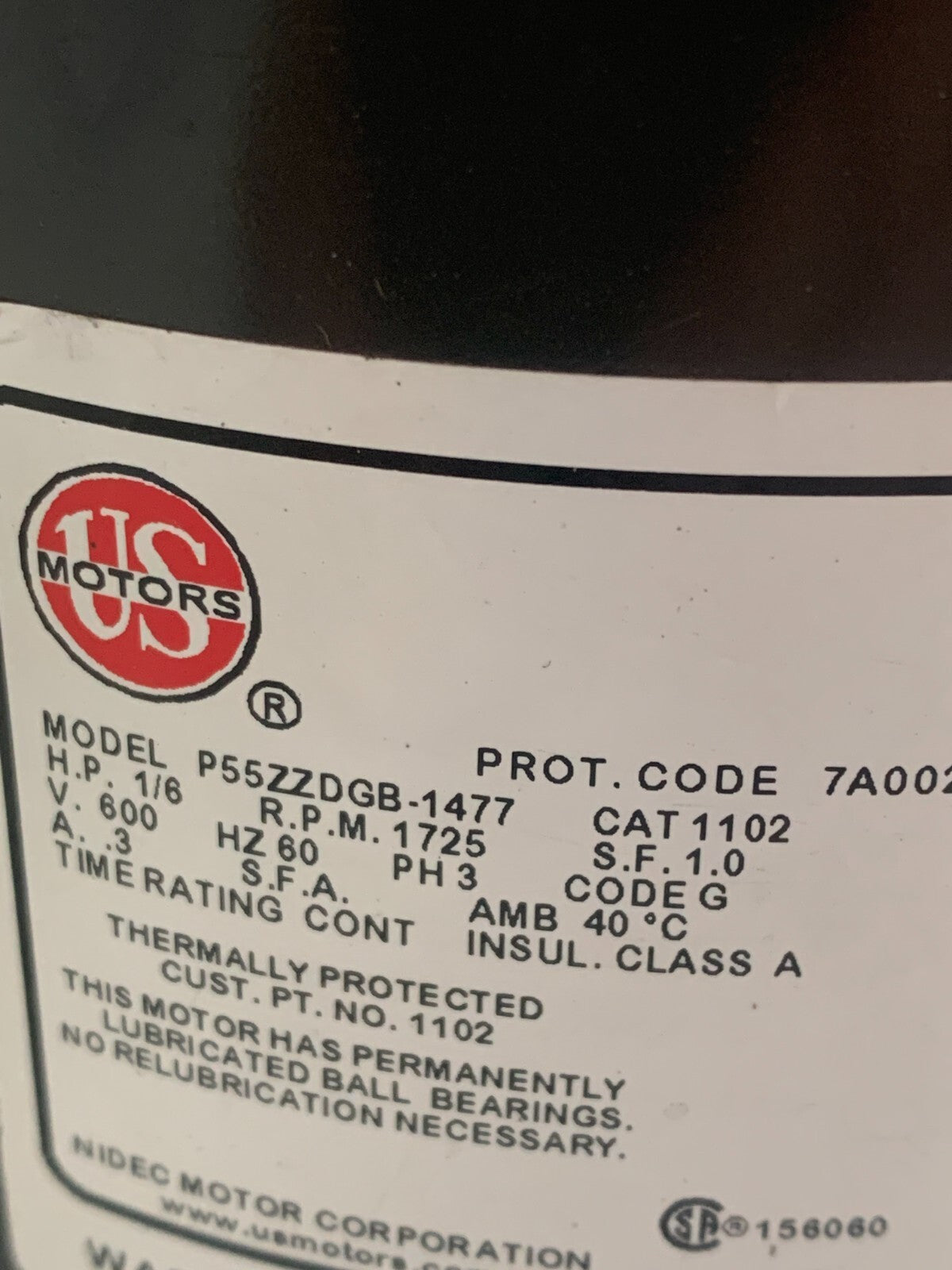 US MOTOR POLYPHASE MOTOR MODEL P55ZZDGB-1477 1/6 HP 1725 RPM1