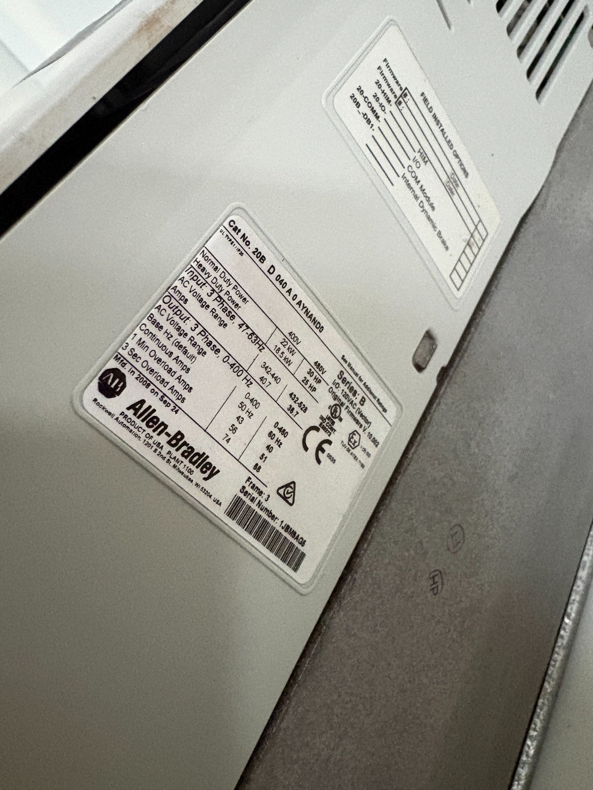 ALLEN BRADLEY POWERFLEX 700 30HP DRIVE 20B D 040 A O AYNANDO6