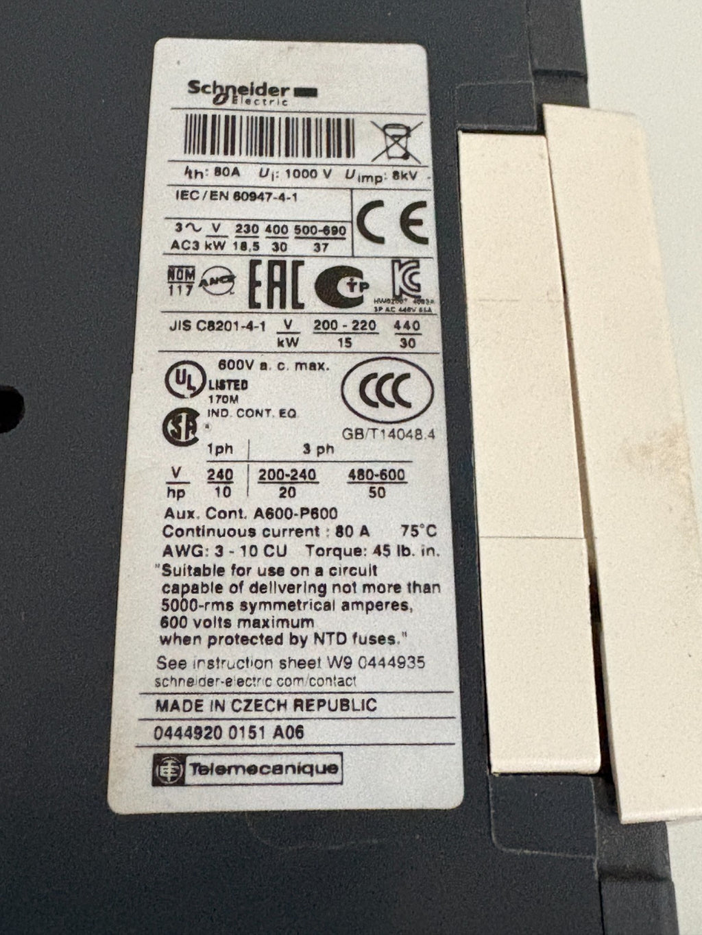 SCHNEIDER MAGNETIC CONTACTOR LC1D65