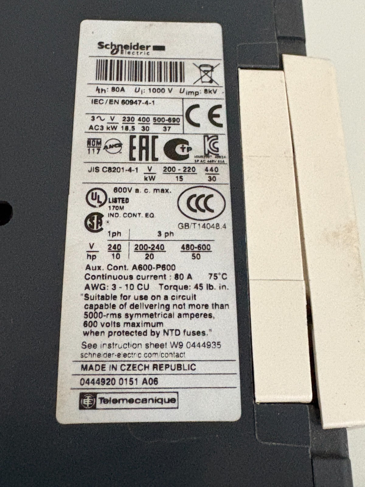 SCHNEIDER MAGNETIC CONTACTOR LC1D65
