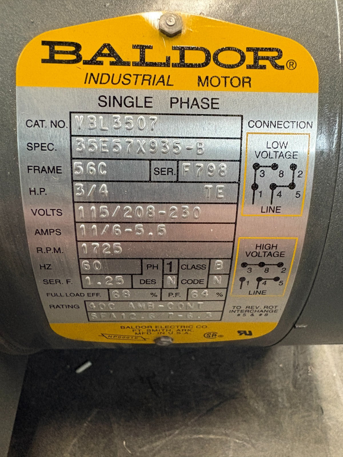 BALDOR-RELIANCE 3/4 HP BRAKE MOTOR VBL3507 SPEC 35E57X935-B