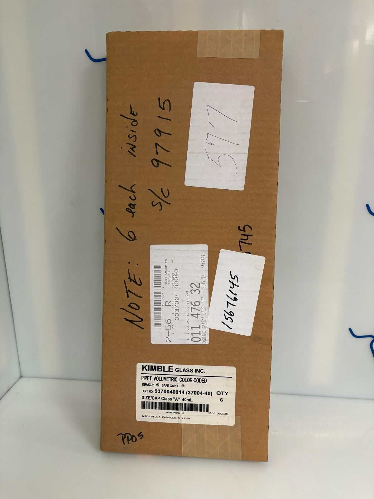 KIMBLE GLASS 40ML VOLUMETRIC COLOR CODED PIPET 937 00 400 14 (37004-40) BOX OF 6
