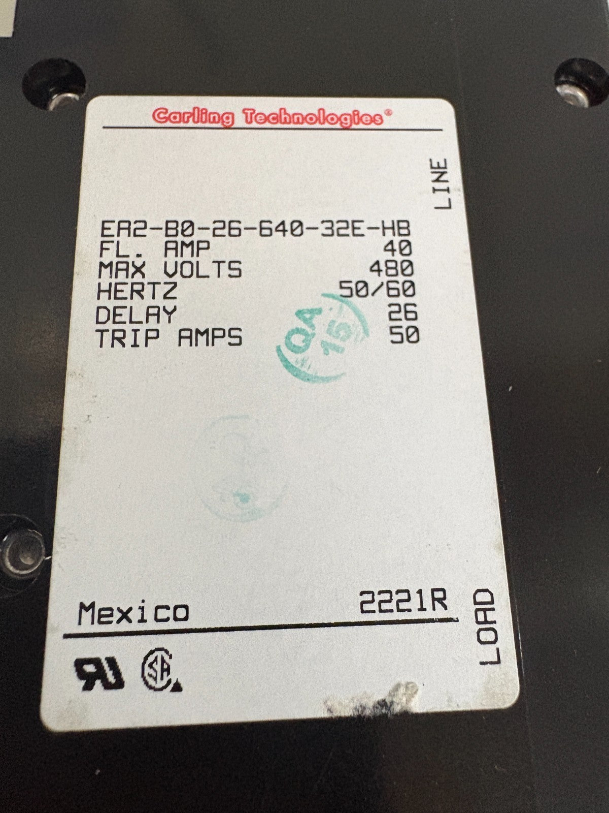 CARLING TECHNOLOGIES 40 AMP BREAKER ER2-B0-26-640-32E-HB DOUBLE BREAKER