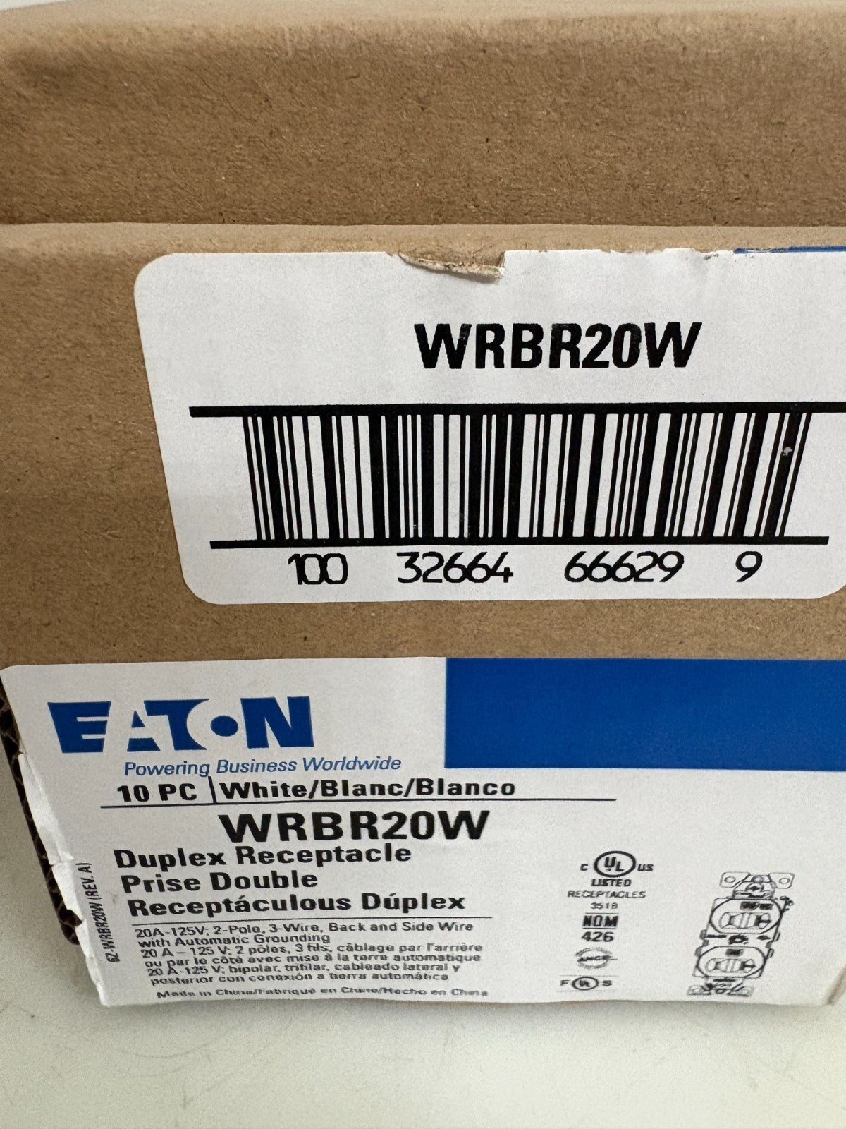 EATON DUPLEX RECEPTACLE WHITE WRBR20W 10 PER BOX2