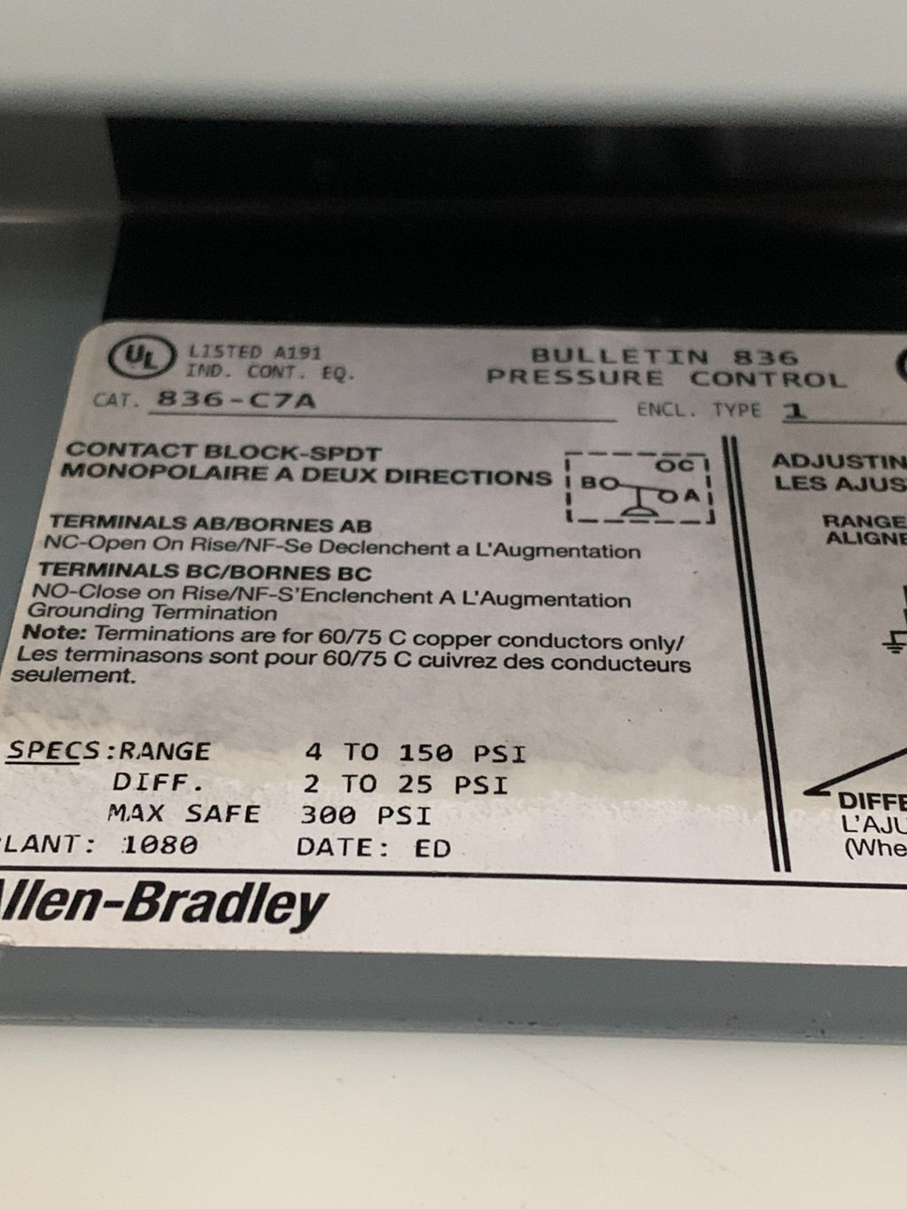 ALLEN BRADLEY PRESSURE CONTROL 836-C7A