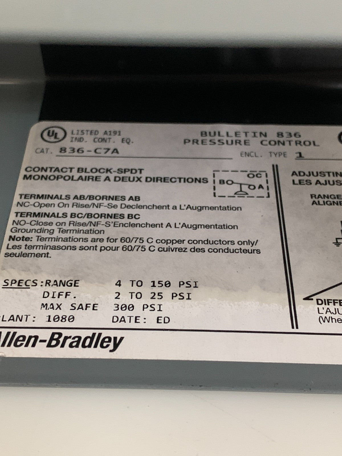 ALLEN BRADLEY PRESSURE CONTROL 836-C7A
