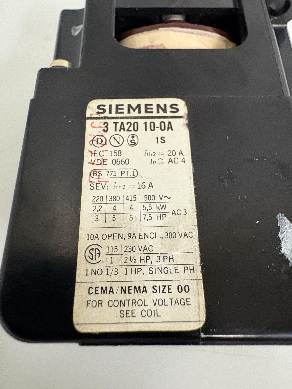SIEMENS POWER CONTACTOR 3 TA20 10-0A