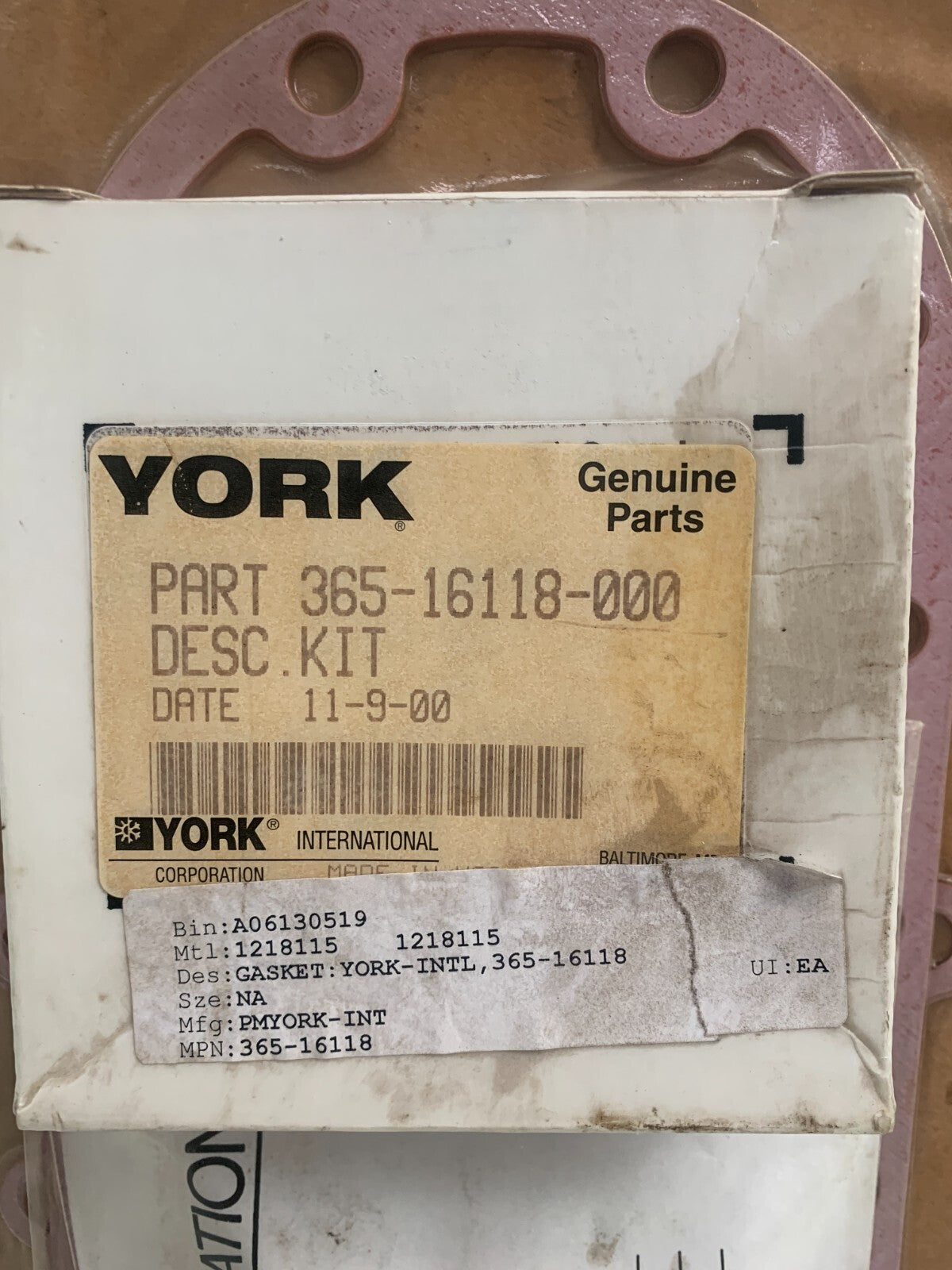 JOHNSON CONTROLS YORK  Gasket Set 365-16118-000
