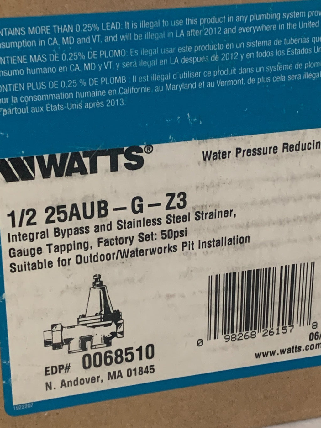 WATTS WATER PRESSURE REDUCING VALVE 1/2 25 AUB-G-Z34