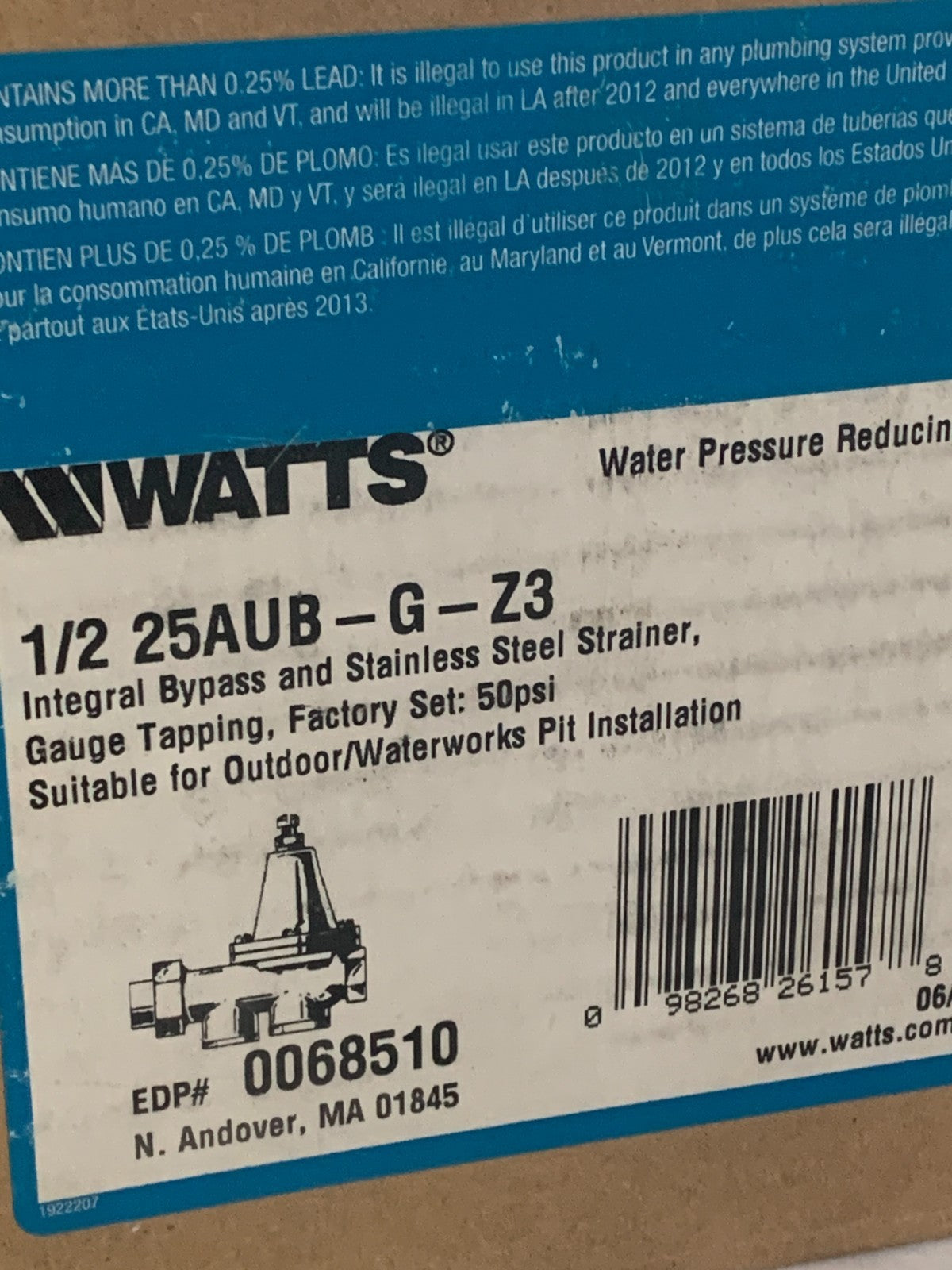WATTS WATER PRESSURE REDUCING VALVE 1/2 25 AUB-G-Z34