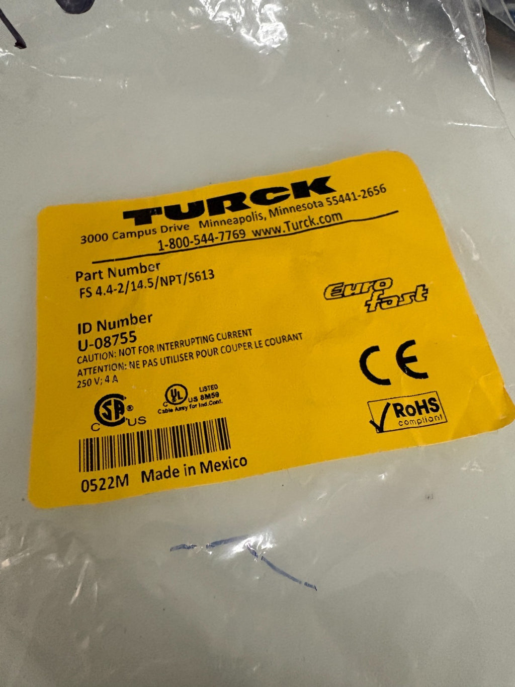 LOT OF 2 TURCK EUROFAST SINGLE ENDED RECEPTABLE FS 4.4-2/14.5/NPT/S 613