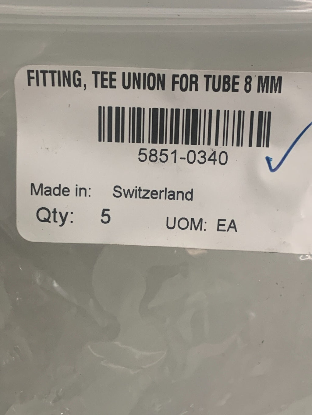 HP SCITEX TEE UNION FOR 8 MM TUBE 5851-0340 5 IN BAG
