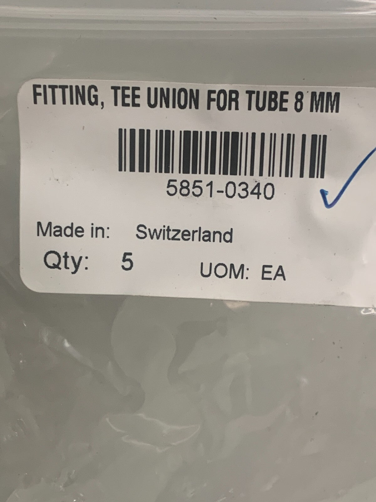 HP SCITEX TEE UNION FOR 8 MM TUBE 5851-0340 5 IN BAG