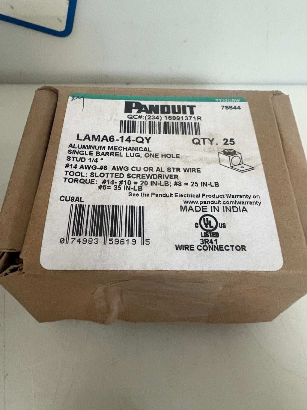 LOT OF 3 PANDUIT TERMINAL CONNECTOR RECTANGULAR LUG LAMA6-14-QY  25 IN BOX2