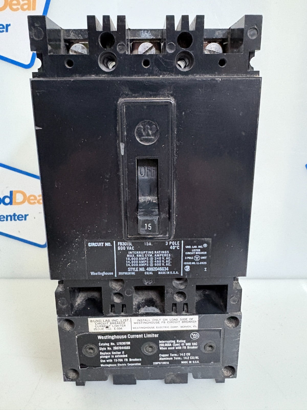 WESTINGHOUSE 15 AMP FB3015L CIRCUIT BREAKER W/CURRENT LIMITER LFB3070R