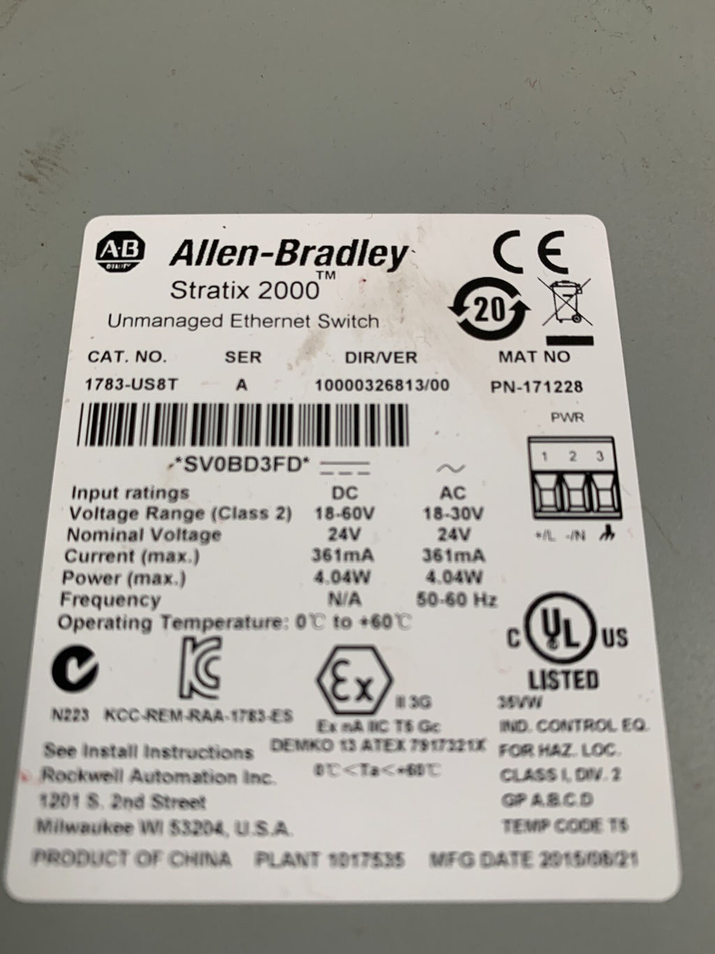 ALLEN BRADLEY STRATIX 2000 UNMANAGED ETHERNET SWITCH 1783-US8T A #1712281