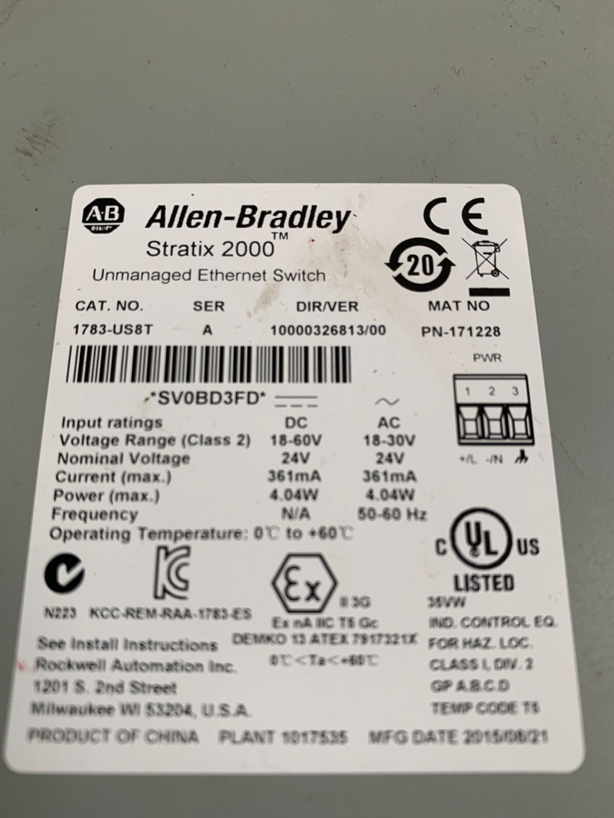 ALLEN BRADLEY STRATIX 2000 UNMANAGED ETHERNET SWITCH 1783-US8T A #1712281