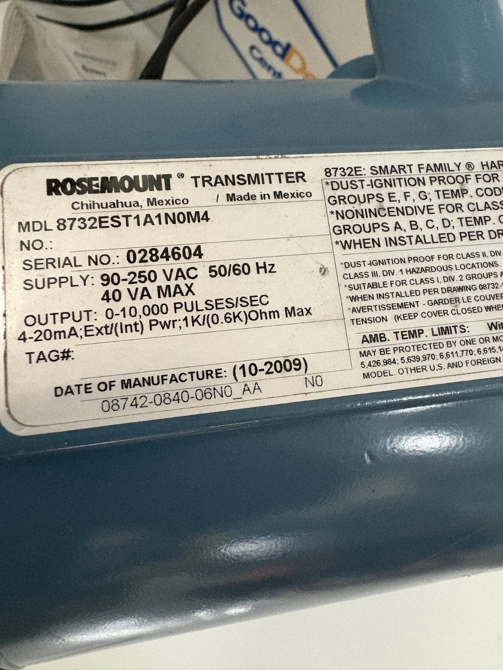 ROSEMOUNT MAGNETIC FLOW METER 8732EST1A1NOM4  W/FLOW TUBE 10708051106980114