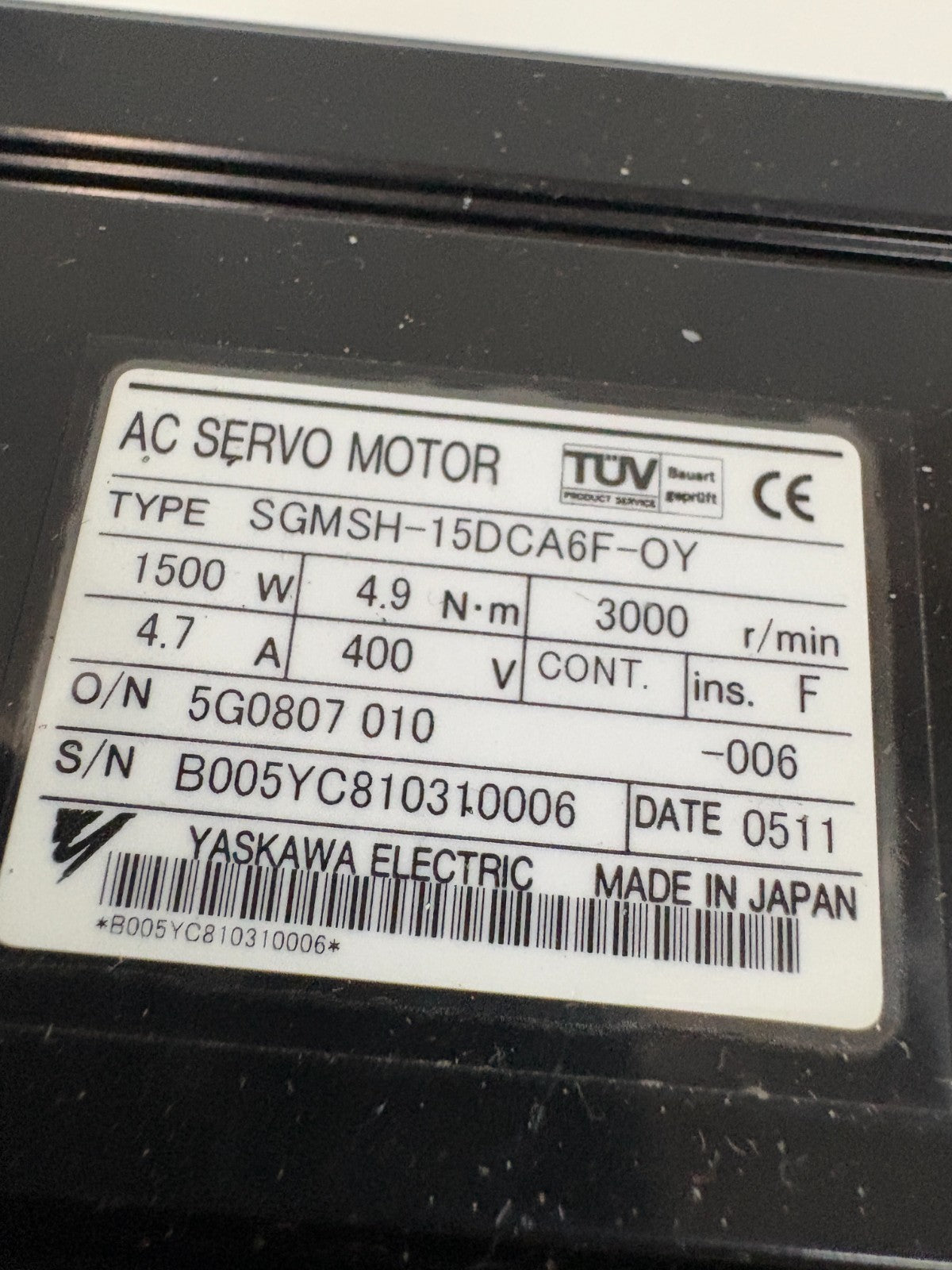 YASKAWA AC SERVO MOTOR SGMSH-15DCA6F-0Y