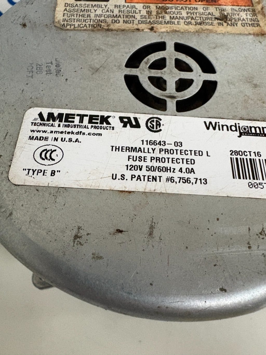 AMETEK WINDJAMMER BRUSHLESS BYPASS CENTRIFUGAL BLOWER 116643-031