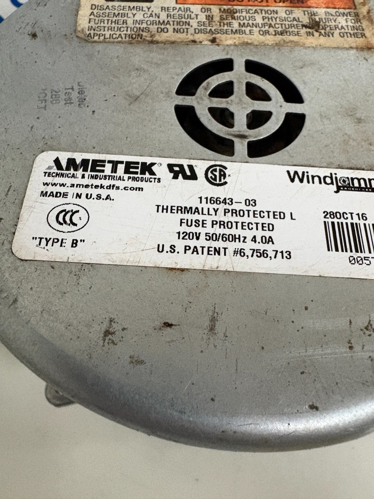 AMETEK WINDJAMMER BRUSHLESS BYPASS CENTRIFUGAL BLOWER 116643-031