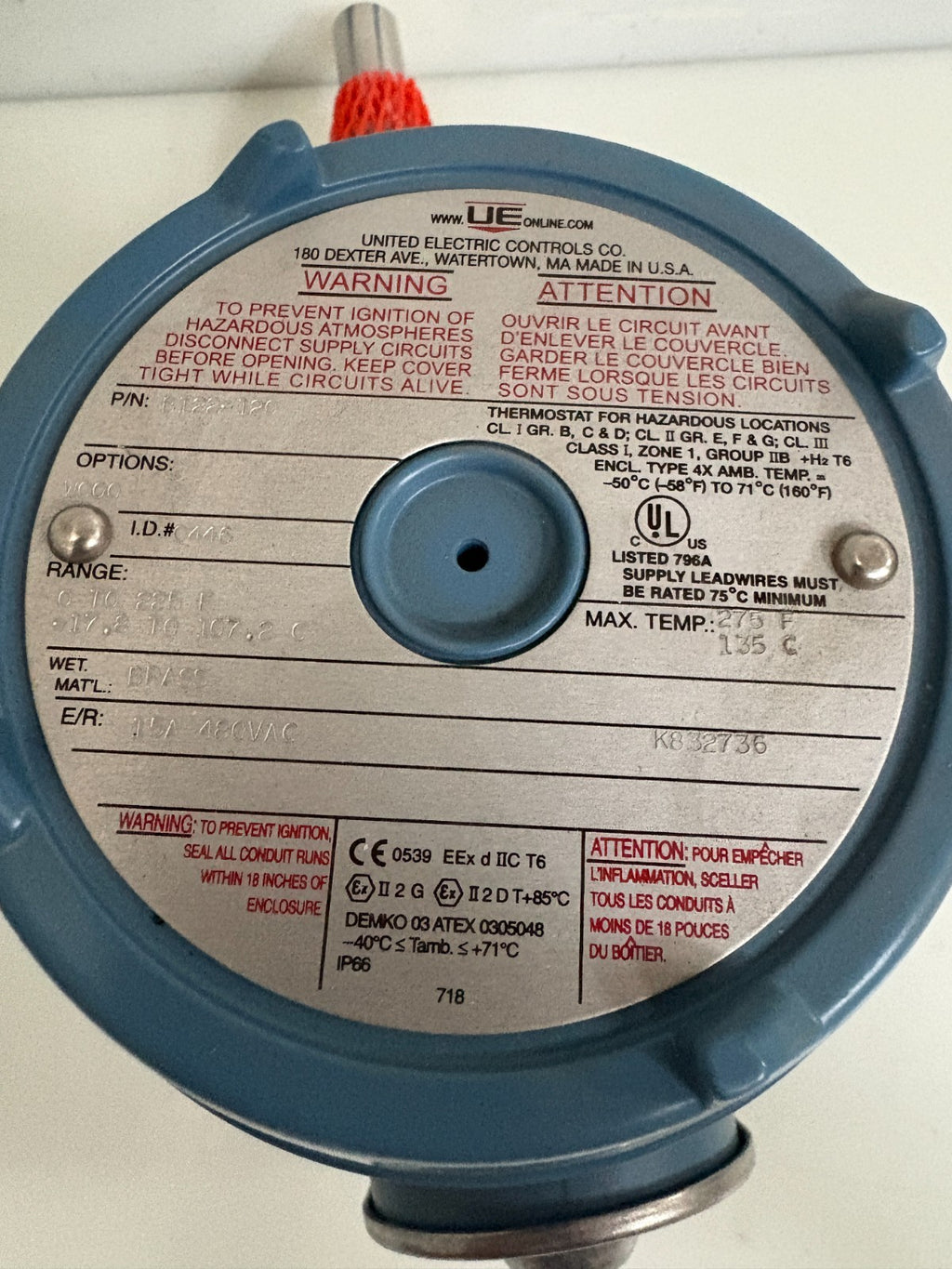 UNITED ELECTRIC CONTROLS TEMPERATURE CONTROL B122-120