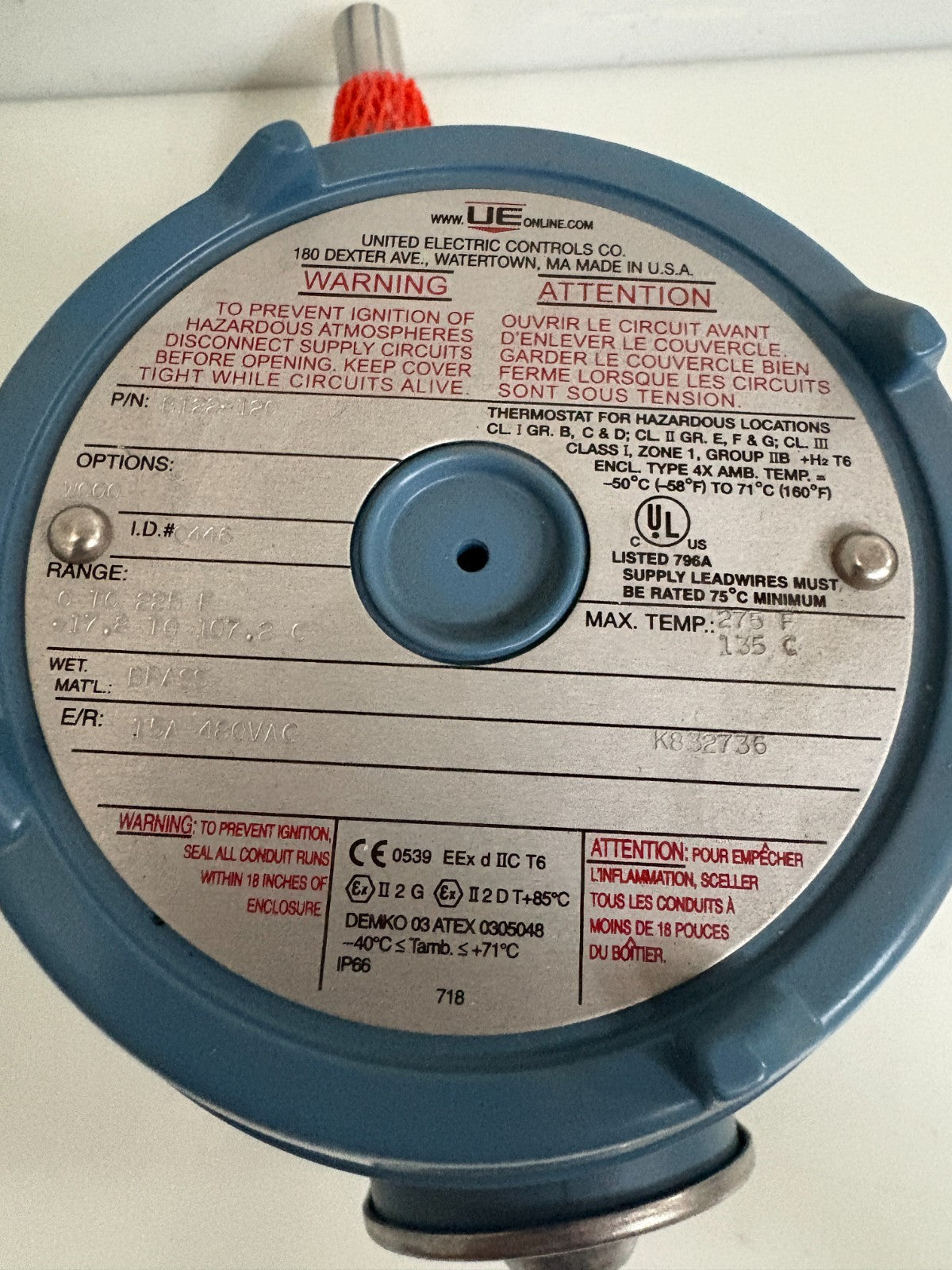 UNITED ELECTRIC CONTROLS TEMPERATURE CONTROL B122-120