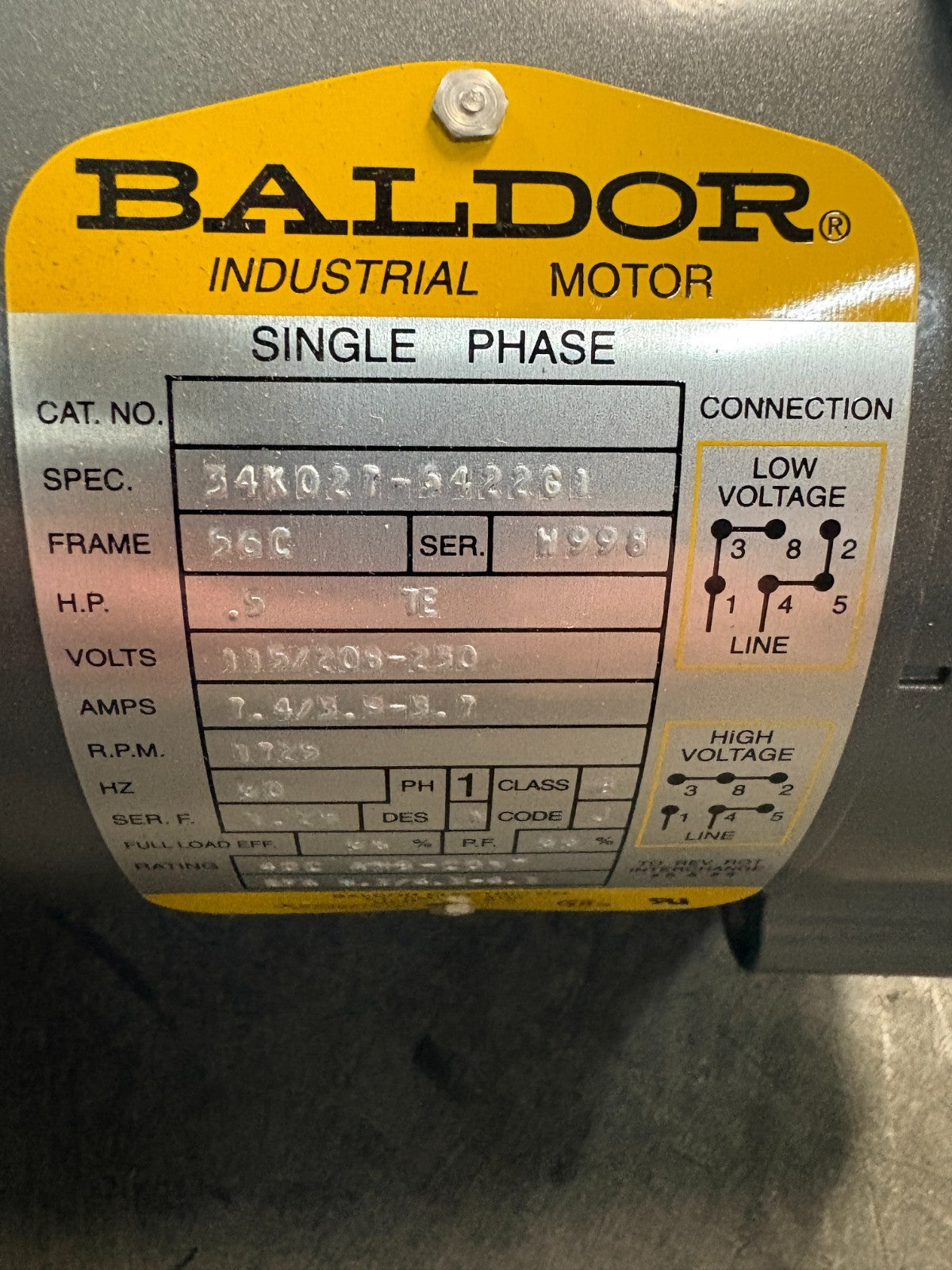 BALDOR 1/2HP BRAKE MOTOR KBL3409-JJ-R/H1