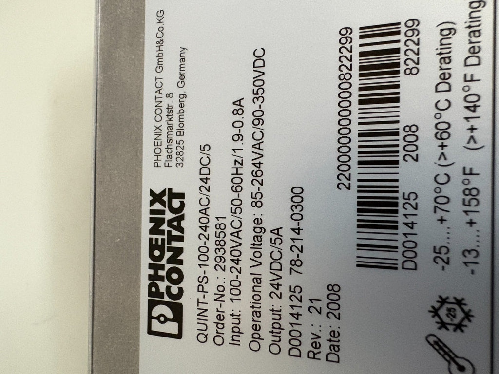 PHOENIX CONTACT POWER SUPPLY QUINT-PS-100-240AC/24DC/5 #29385813
