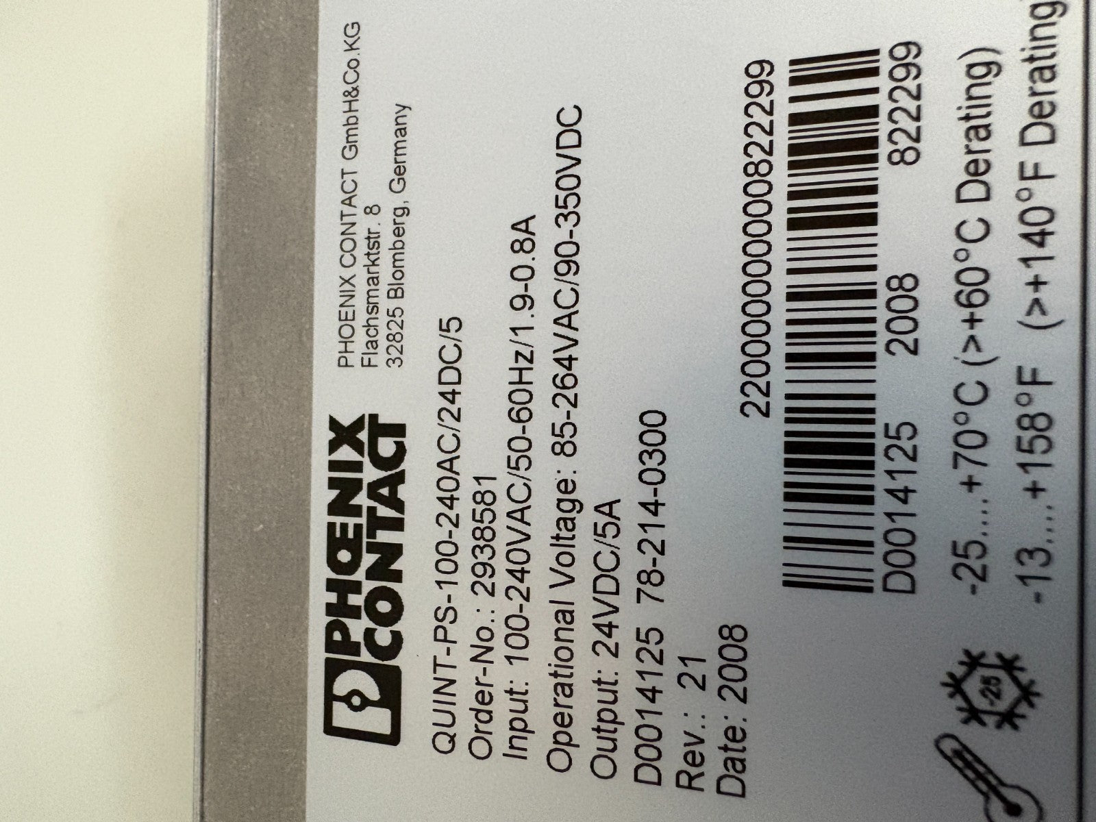 PHOENIX CONTACT POWER SUPPLY QUINT-PS-100-240AC/24DC/5 #29385813