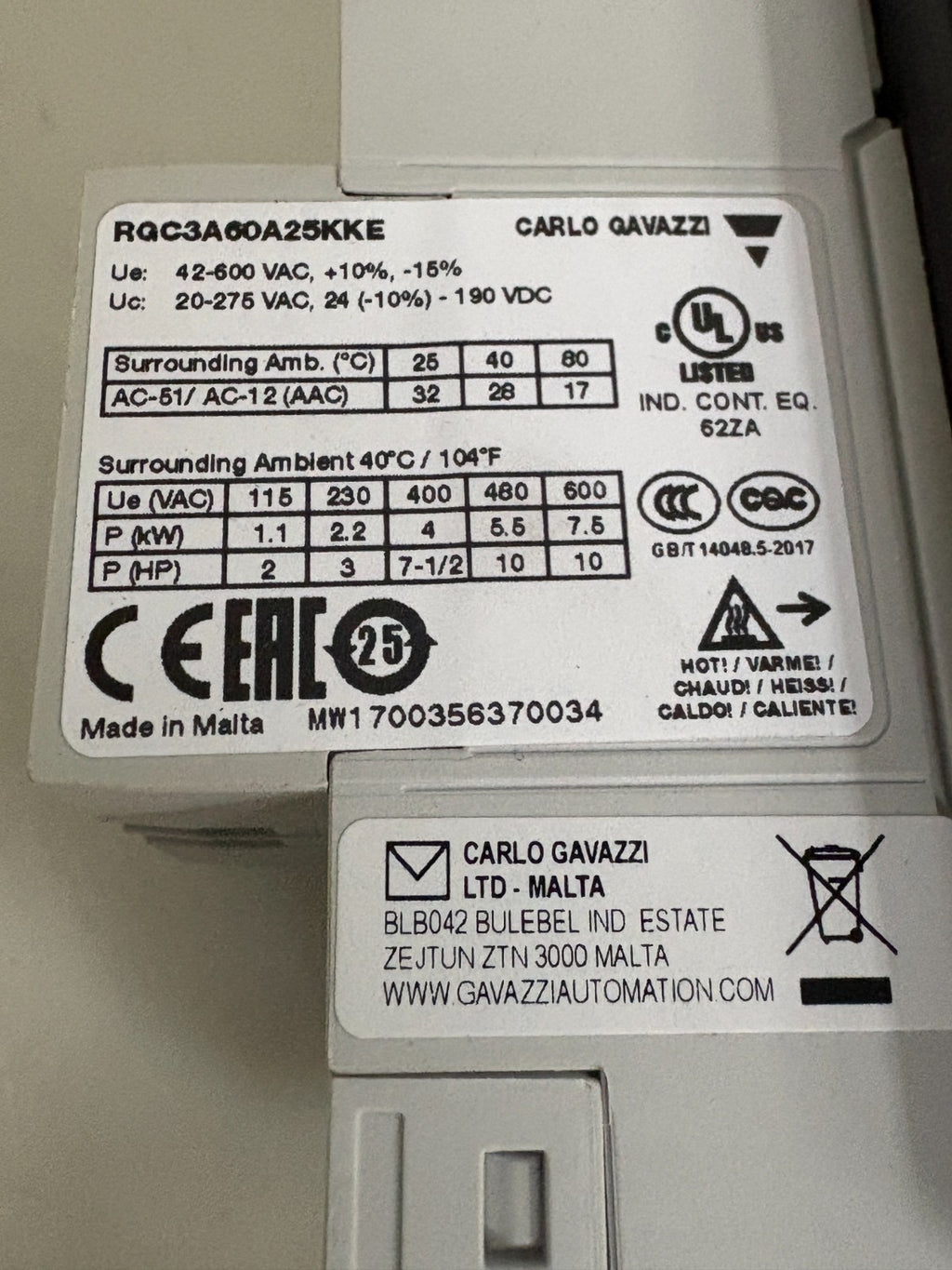 CARLO GANAZZI SOLID STATE CONTACTOR RGC3A60A25KKE2