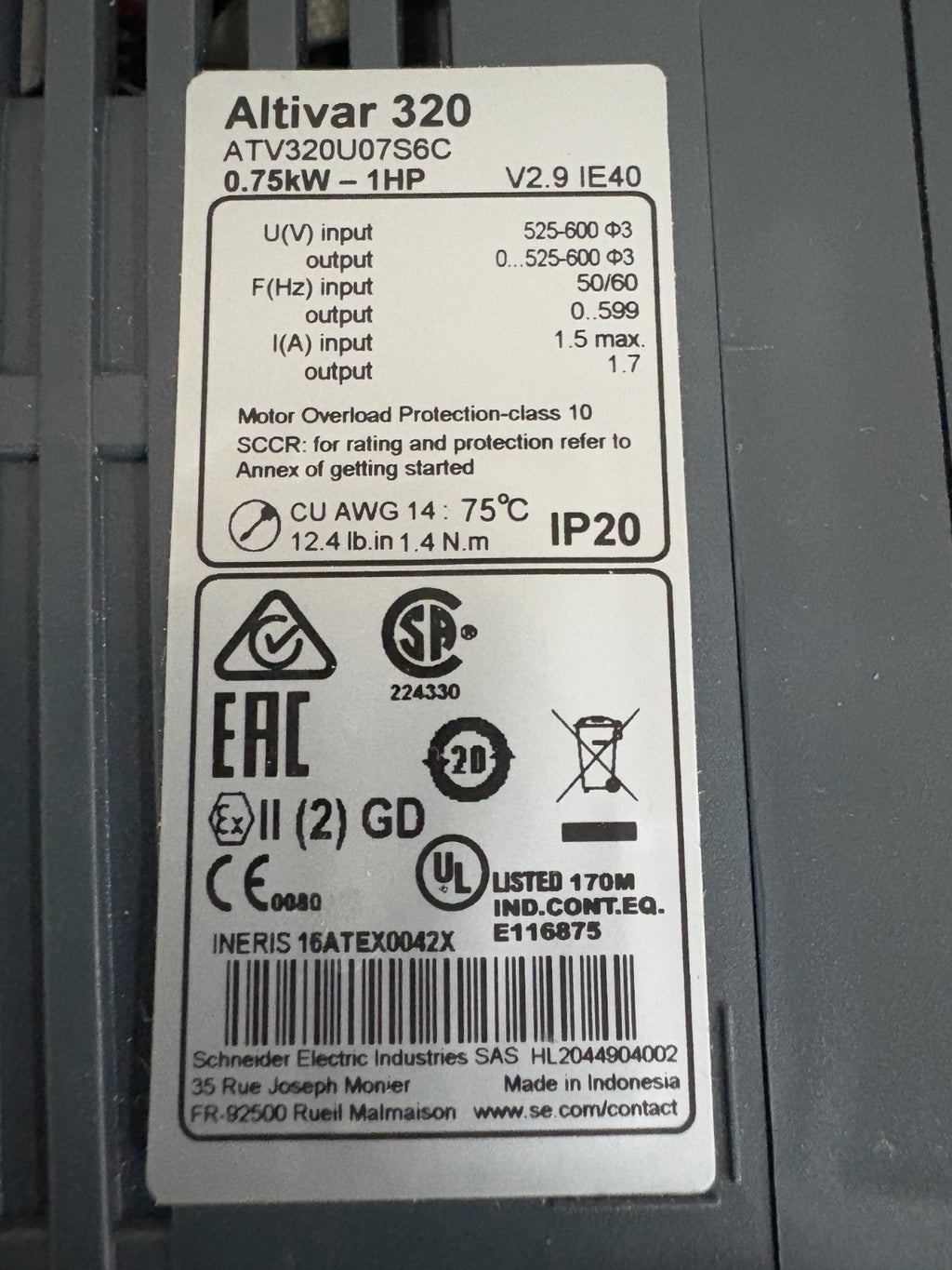 SCHNEIDER ALTIVAR 320 MOTOR DRIVE 1HP ATV 32OUO7S6C3
