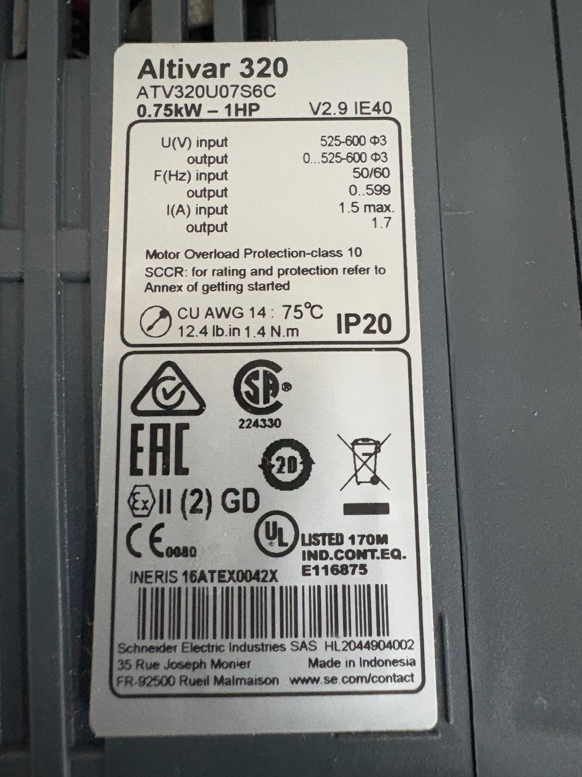 SCHNEIDER ALTIVAR 320 MOTOR DRIVE 1HP ATV 32OUO7S6C3