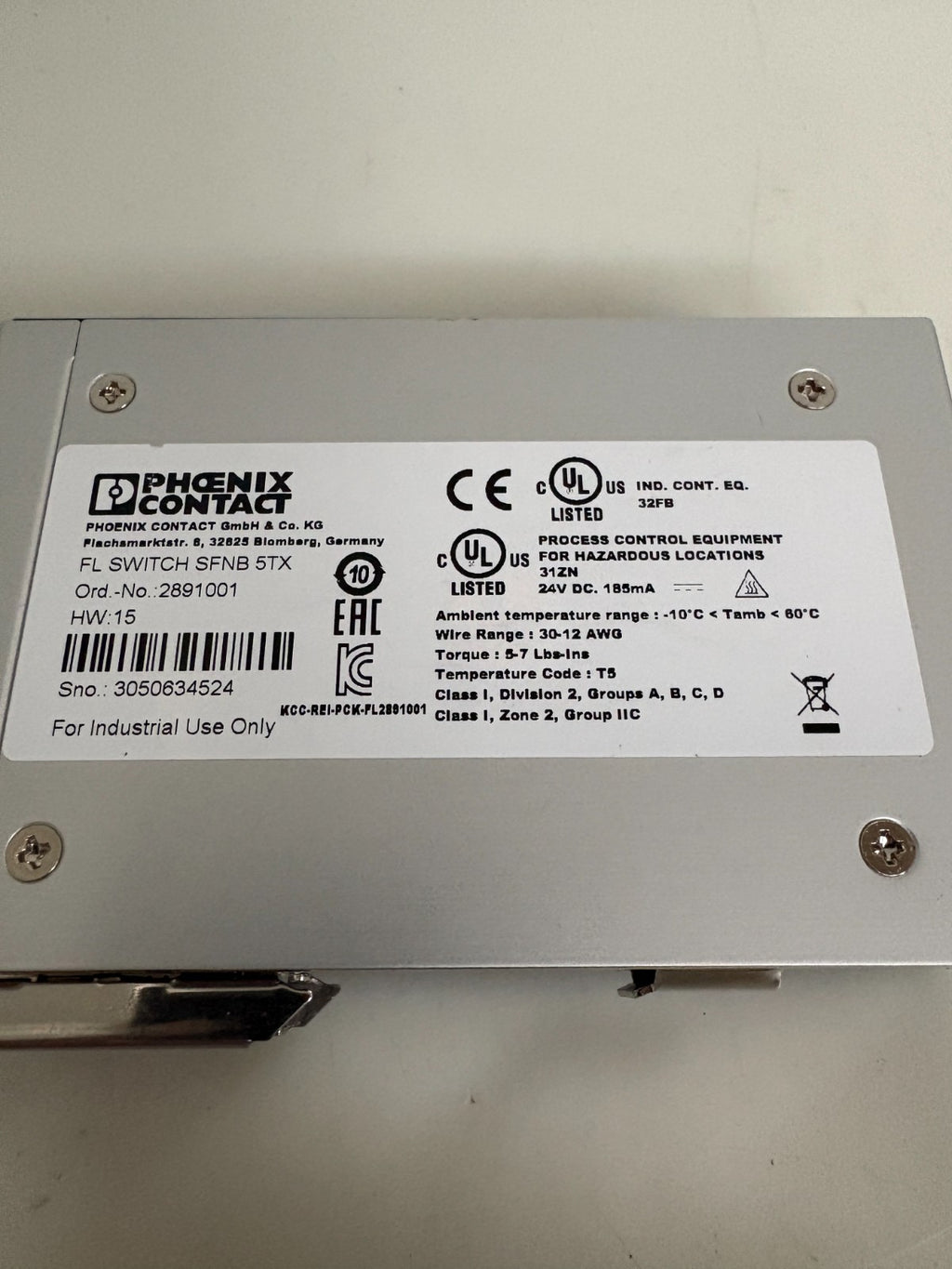 PHOENIX CONTACT 5TX ETHERNET SWITCH #2891001 FL SWITCH SPNB 5TX