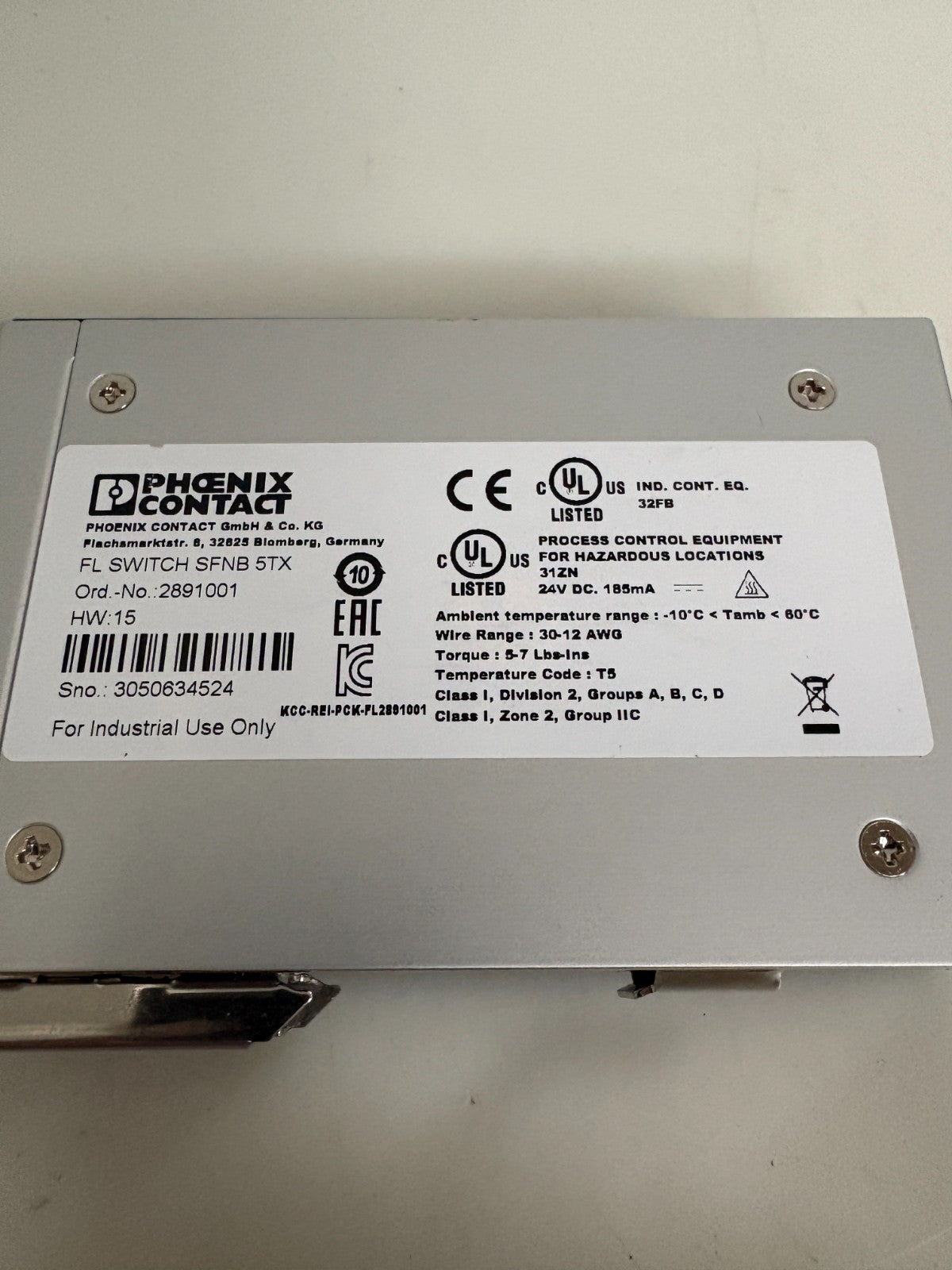 PHOENIX CONTACT 5TX ETHERNET SWITCH #2891001 FL SWITCH SPNB 5TX