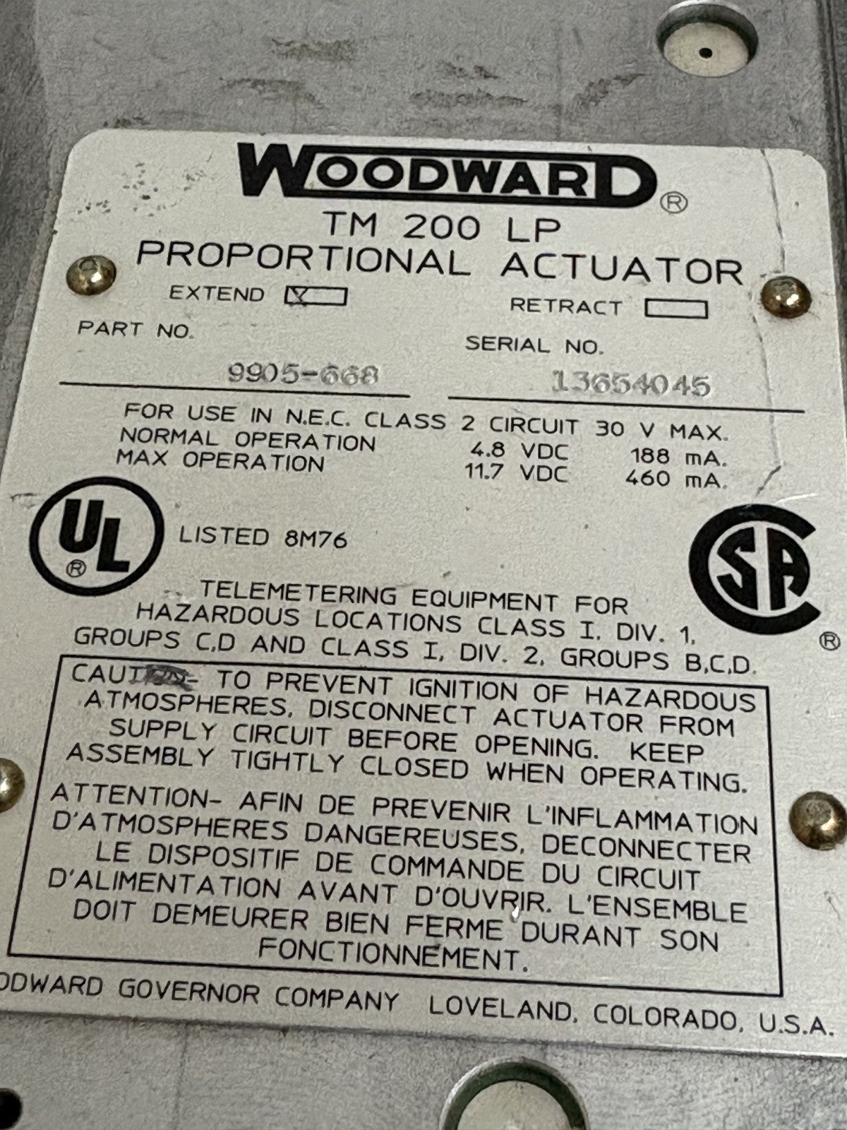 WOODWARD TM 200 LP PROPORTIONAL ACTUATOR #9905-668