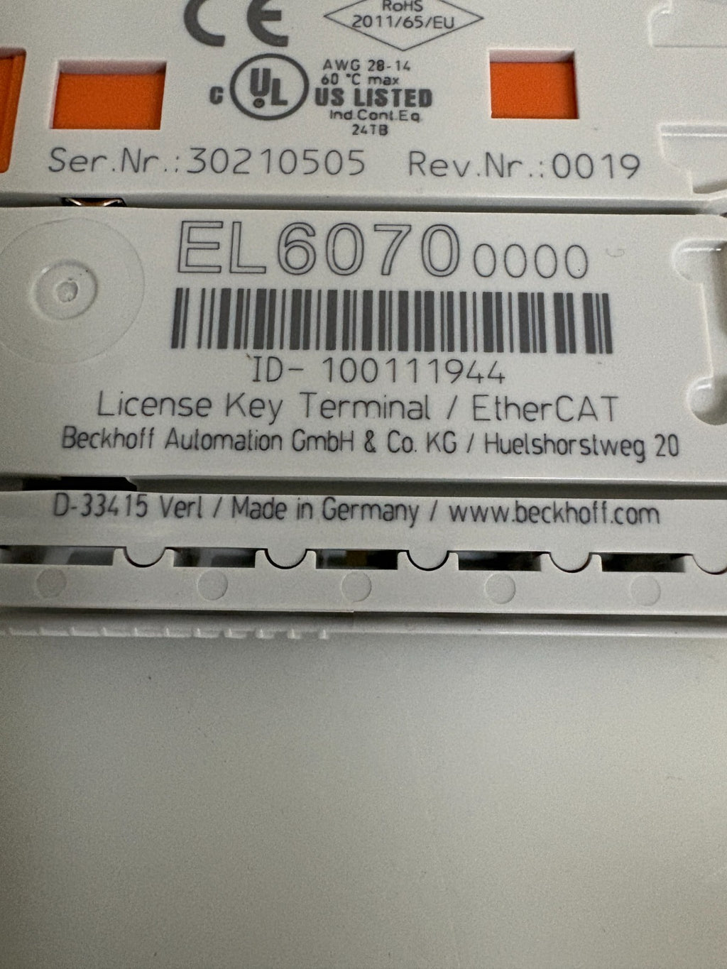 BECKHOFF LICENSE KEY TERMINAL EL6070