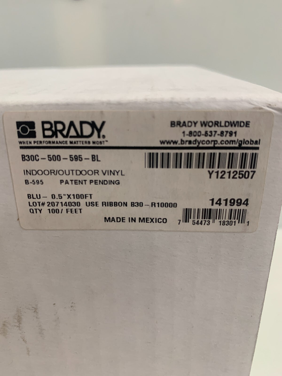 BRADY .5" X 100FT B30C-500-595-BL BLUE RIBBON CARTRIDGE